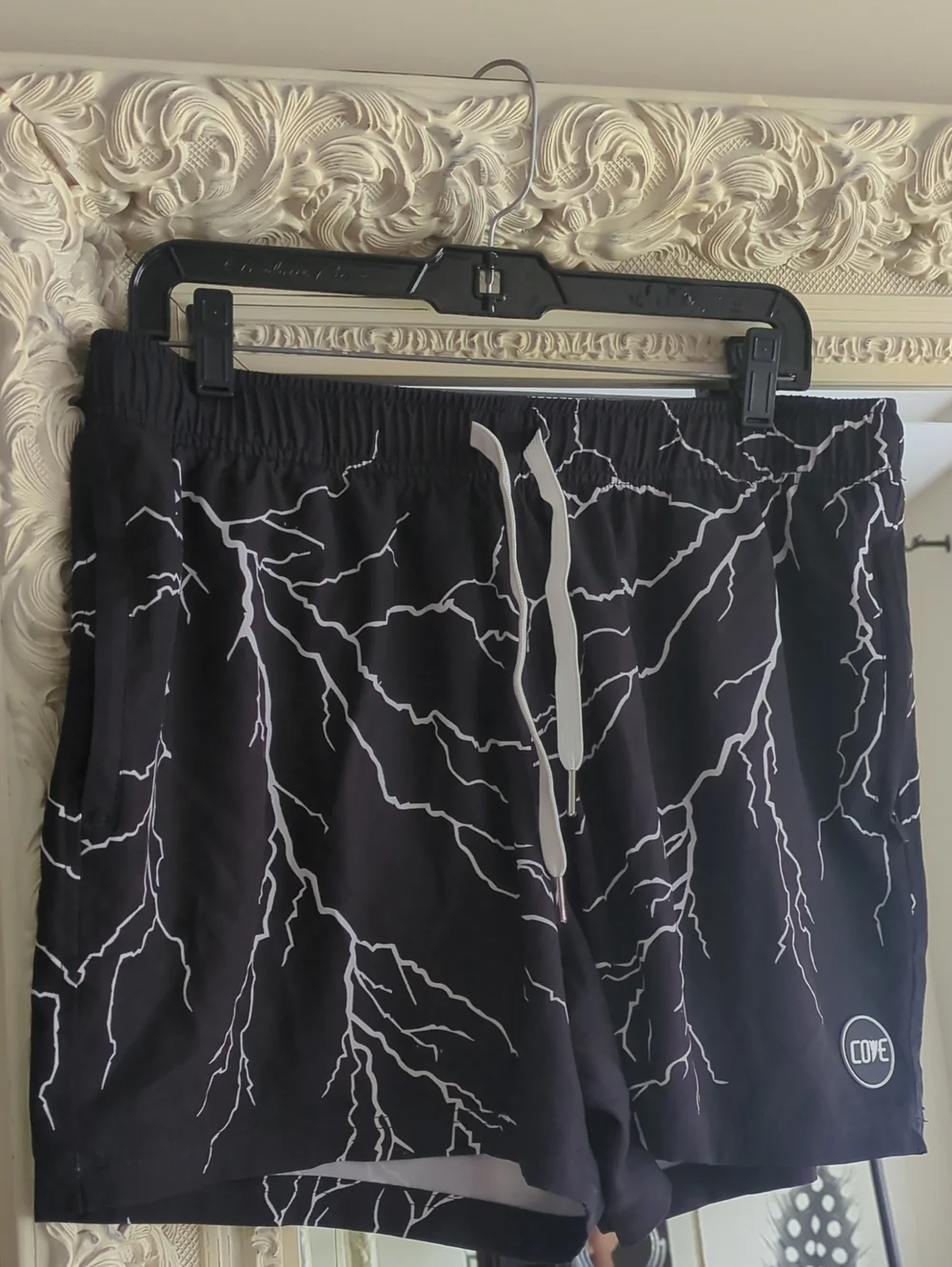 Cove Black Shorts with White Lightning Print